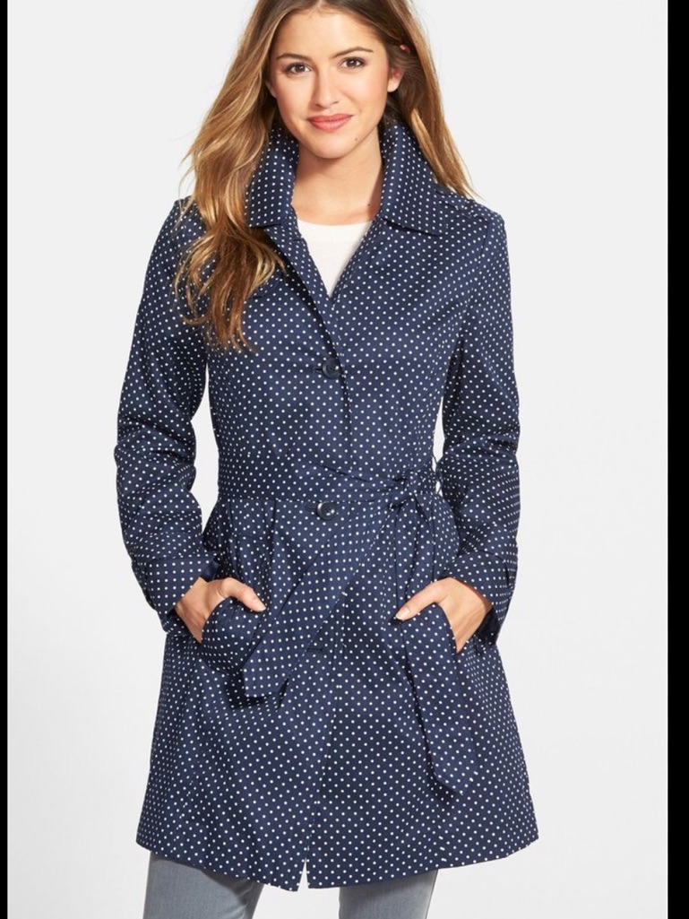 London Fog Navy And White Polka Dot Trench Coat